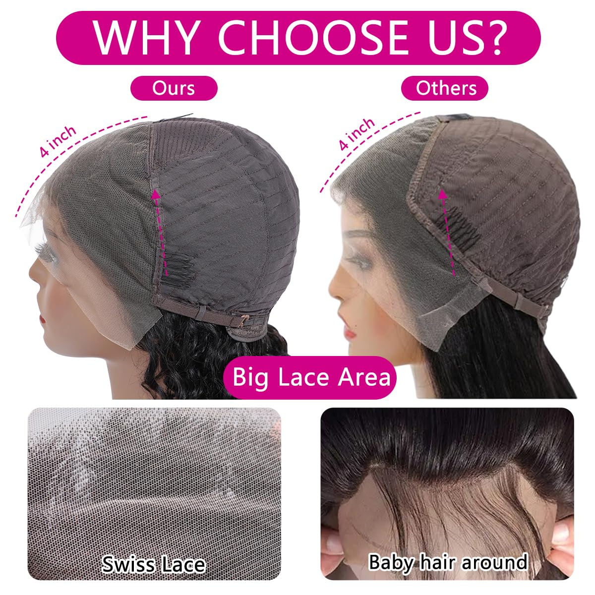 Deep Wave Lace Front Wigs Human Hair 16 Inch 13x4 Lace Frontal Closure Wigs for Woman Human Hair Glueless Pre Plucked with Baby Hair Brazilian Virgin Human Hair Wig 150% Density Natural Black