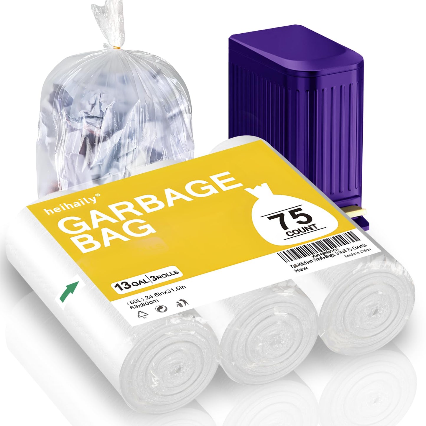 Tall-Kitchen Trash-Bags 13-Gallon Garbage Bag - Unscented Strong Large Outdoor Clear White Plastic Recycling Compactor Can Liners for Lawn Yard Office Bathroom Waste Basket, 3 Roll 75 Counts