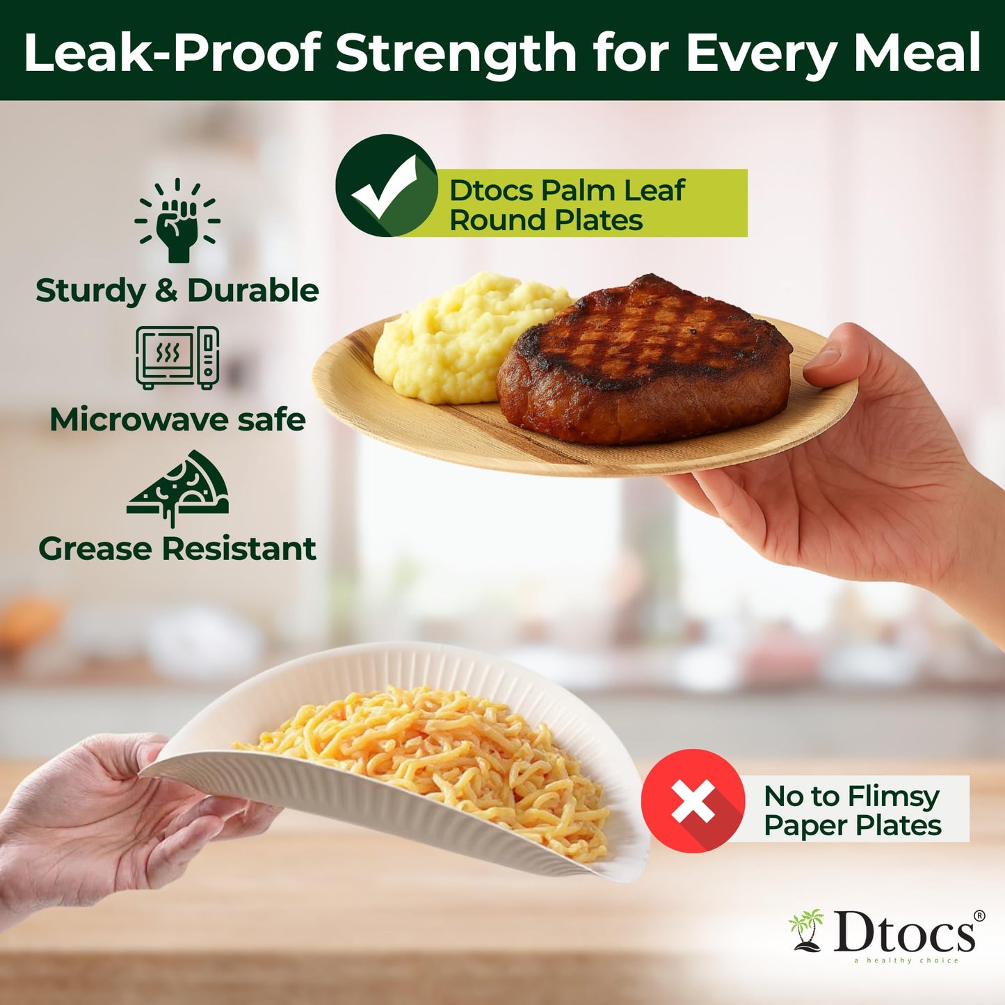 Dtocs Round Palm Leaf Disposable Plates 10 Inch (50 Pcs) | Heavy Duty Dinner Plates, Charcuterie Boards | Premium Wooden Bamboo Look Party Plate Set for Catering, Wedding | Alt to Paper Plates 10 Inch