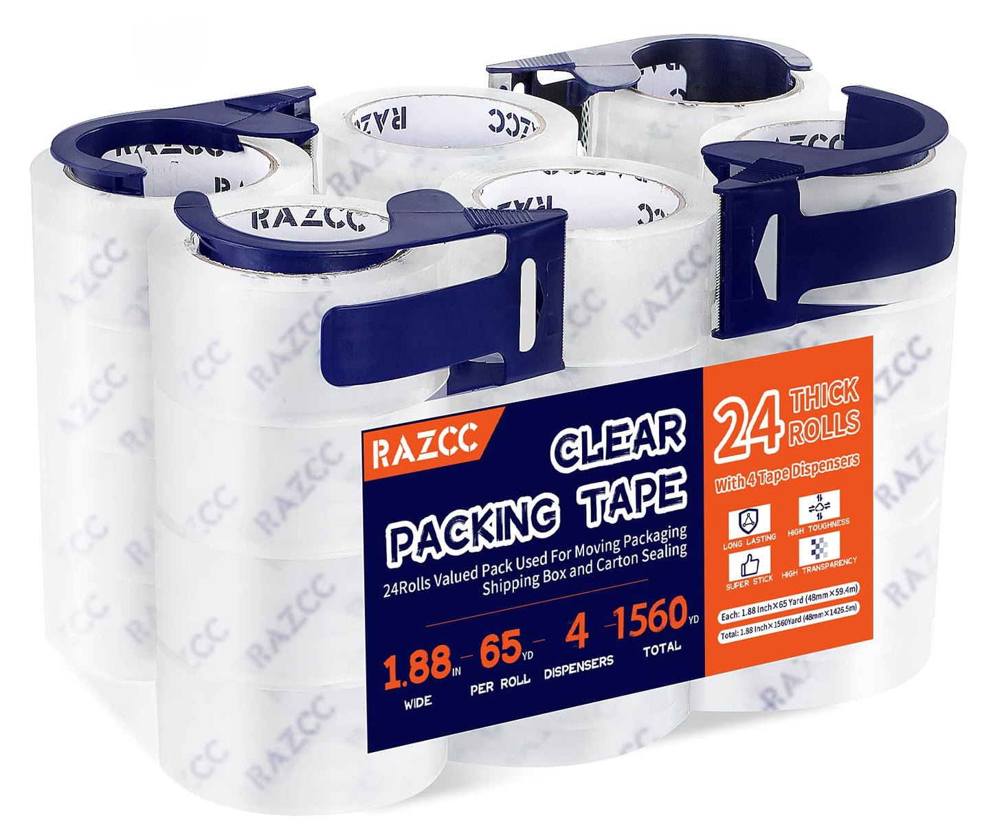 RAZCC Packing Tape, 24 Rolls Clear Heavy Duty Packaging Tape with Dispensers for Packing, Shipping, Moving and Mailing, Thicker Sealing Tape-1.88" x 65 Yards Per Roll, 1560 Total Yards
