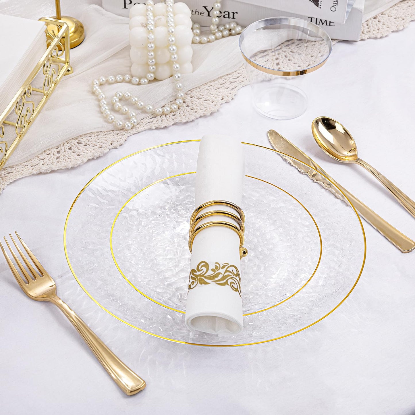 Rubtlamp 100Pcs Clear Gold Plastic Plates, Disposable Plates with Gold Rim, Heavy-Duty Party Platos, Hammered Plastic Plates Include 50 Clear Dessert Plates, 50 Dinner Platos for Party