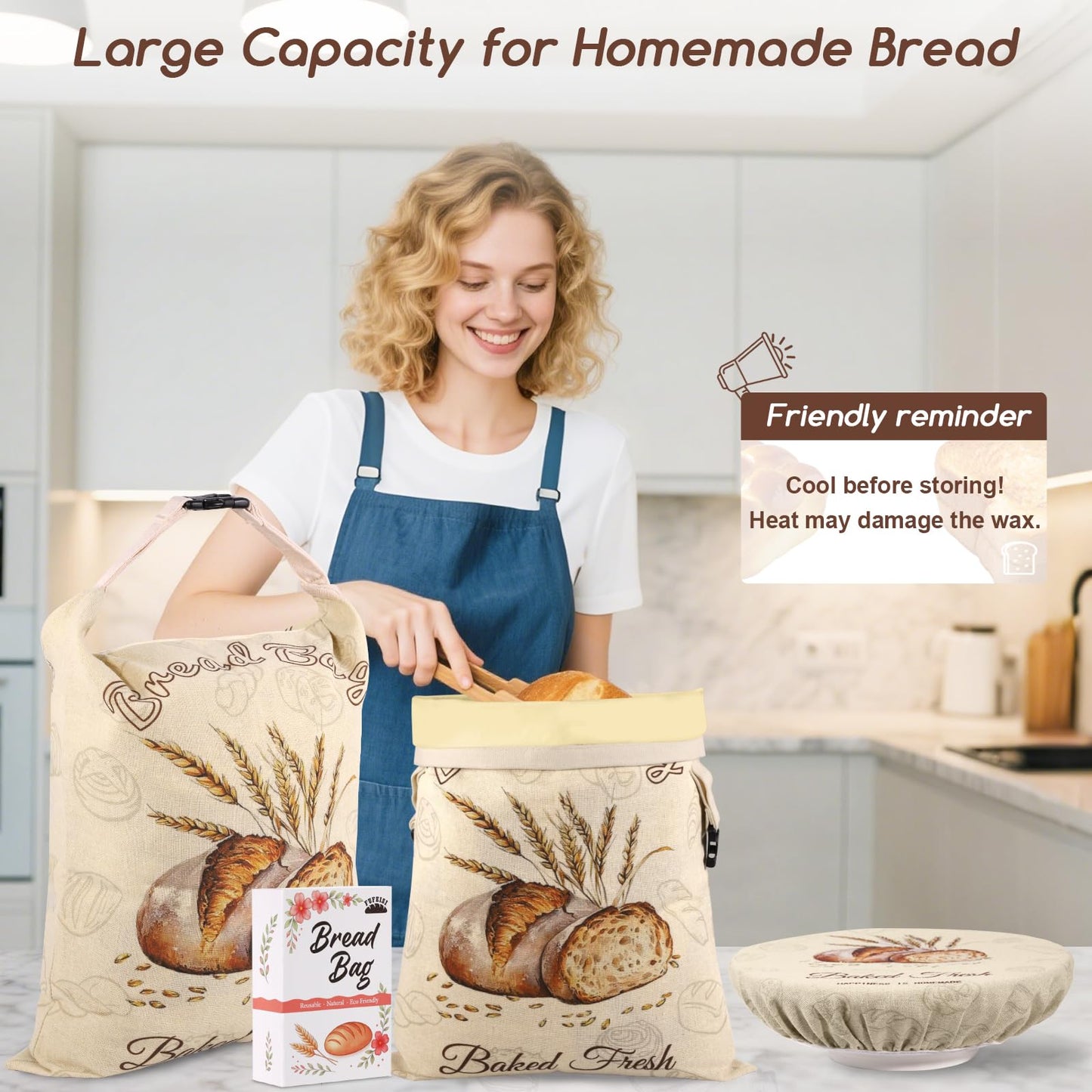 Beeswax Bread Bags for Sourdough, 2 Pack Reusable Bread Bag for Storage XL 17x13 Inch, Large Linen Beeswax Bread Bags for Homemade Sourdough with 1 Linen Bowl Cover - Keep Fresh, Freezer Safe