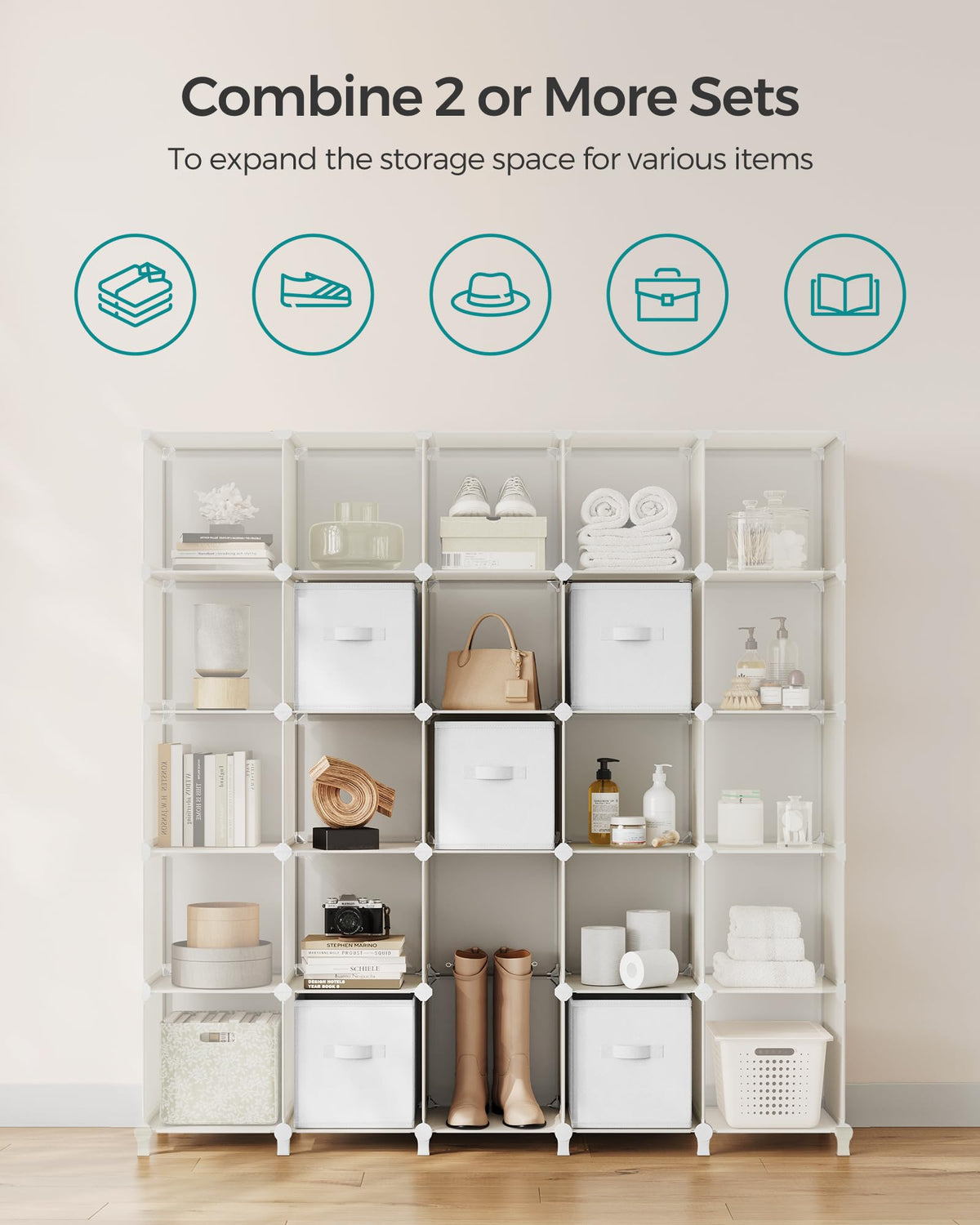 SONGMICS Cube Storage Organizer with Storage Boxes, 6-Cube Organizer, 6 Collapsible Non-Woven Fabric Bins, Customizable, Space-Saving, Living Room, Cloud White ULPC062W06