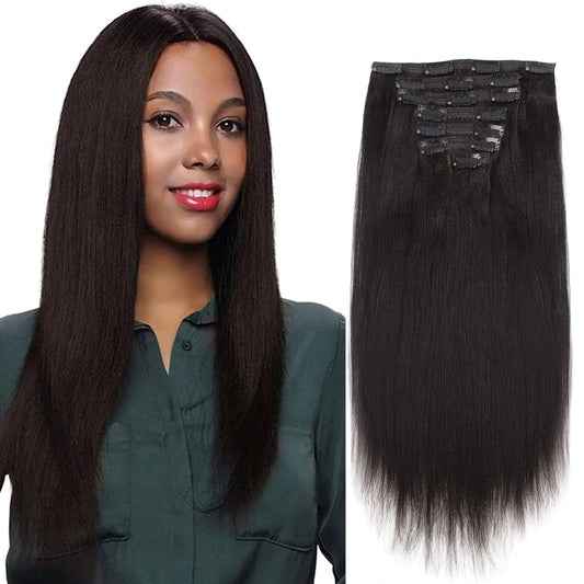 ABH AmazingBeauty Hair Yaki Straight Clip in Hair Extensions Real Remy Thick Natural Black for African American Relax Hair 7 Pieces 120 Gram Per Set, 16 Inch