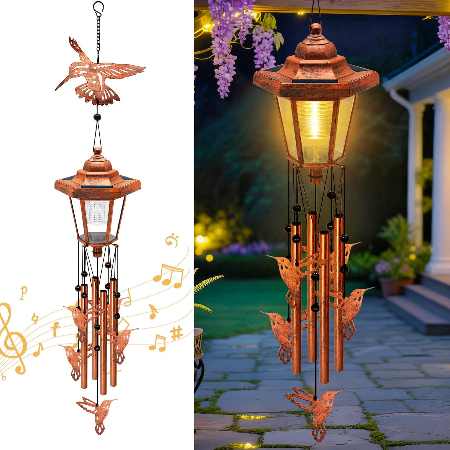 Large Solar Hummingbird Wind Chimes, Gifts for Women Mom Grandma Wife Sister Daughter Neighbor, Classic Bronze Wind Chimes with Wind Catcher, Solar Decor Lights for Outdoor Garden Patio Porch Window