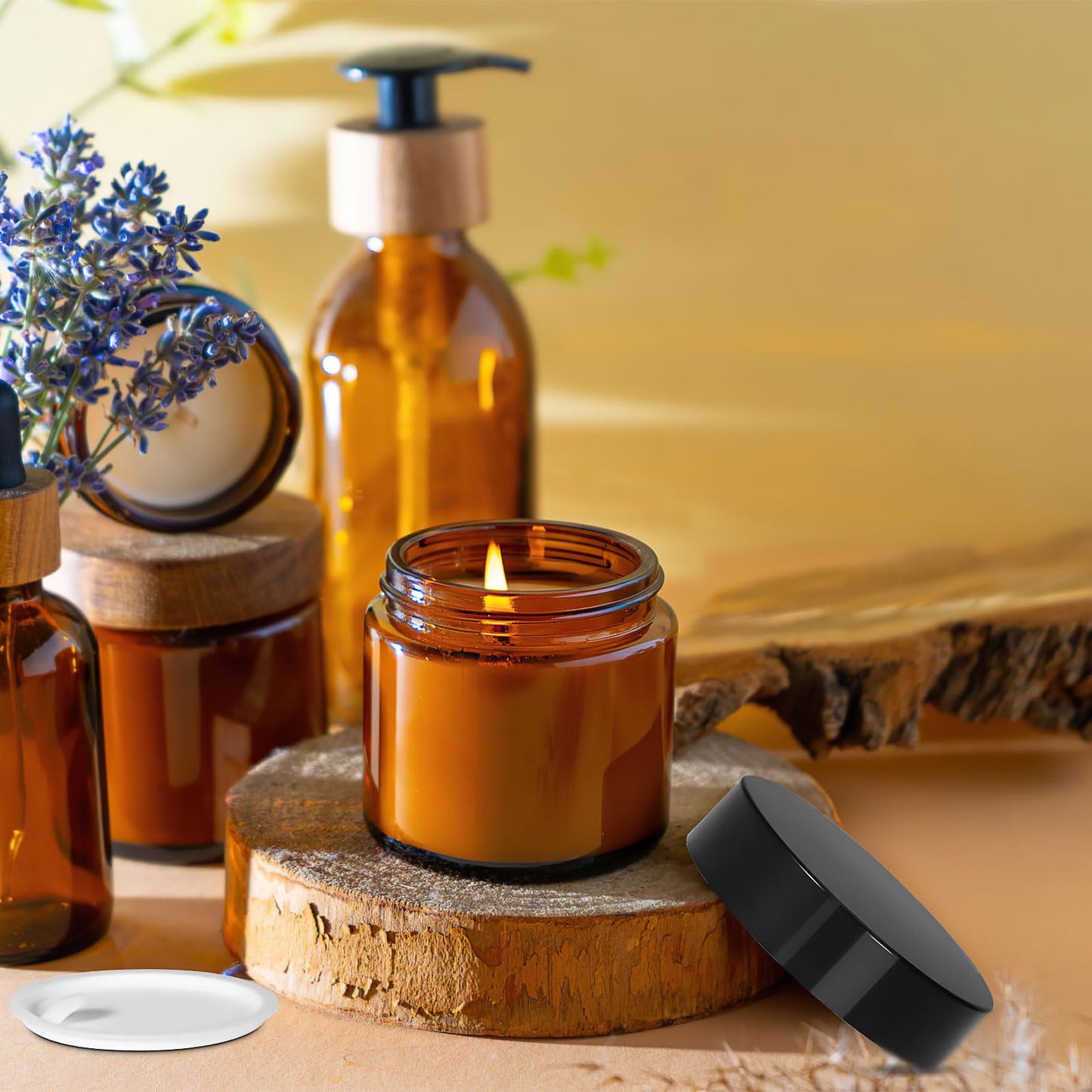 2 oz Amber Glass Jar with Lid, 48 Pcs 60 ml Round Cosmetic Containers with Inner Liners and Black Lids,Refillable Travel Jars for Storing Lip and Body Scrub, Lotion, Bath Salts, Liquid