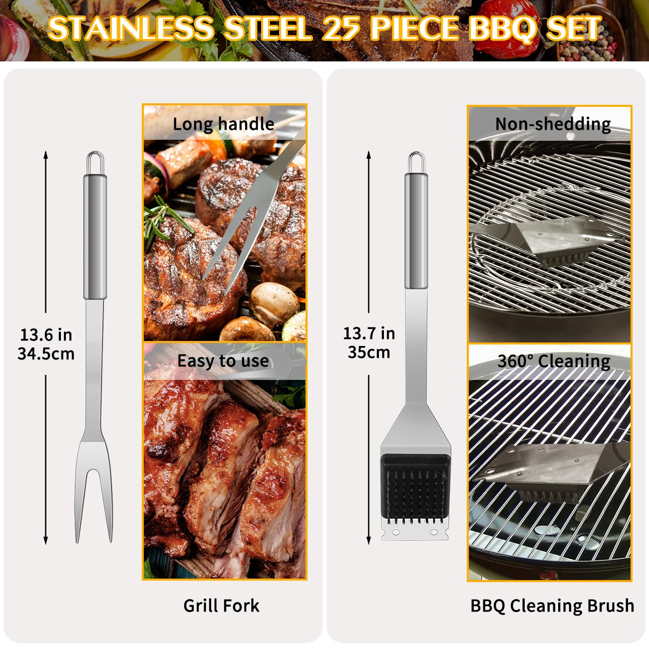 25 PCS BBQ Grill Accessories Tools Set, Stainless Steel Grilling Accessories Kit with Storage Case for Indoor & Outdoor Use, BBQ Utensils Set for Camping, Kitchen, Party, Backyard Barbecue (25 PCS)