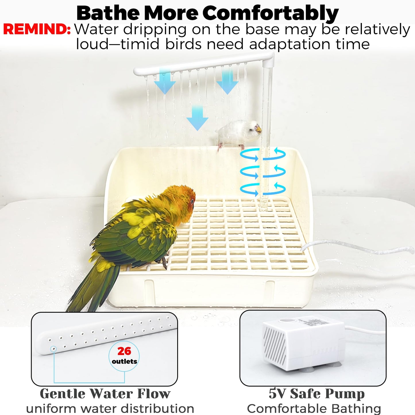 Jevnd Automatic Parakeet Bird Bath with Pump, Large Bird Shower Fountain Indoor Bathtub with Running Water, Parrot Bath Tub Faucet for Pet Birds, Cockatiel, African Grey, Budgie, Conure, Lovebird