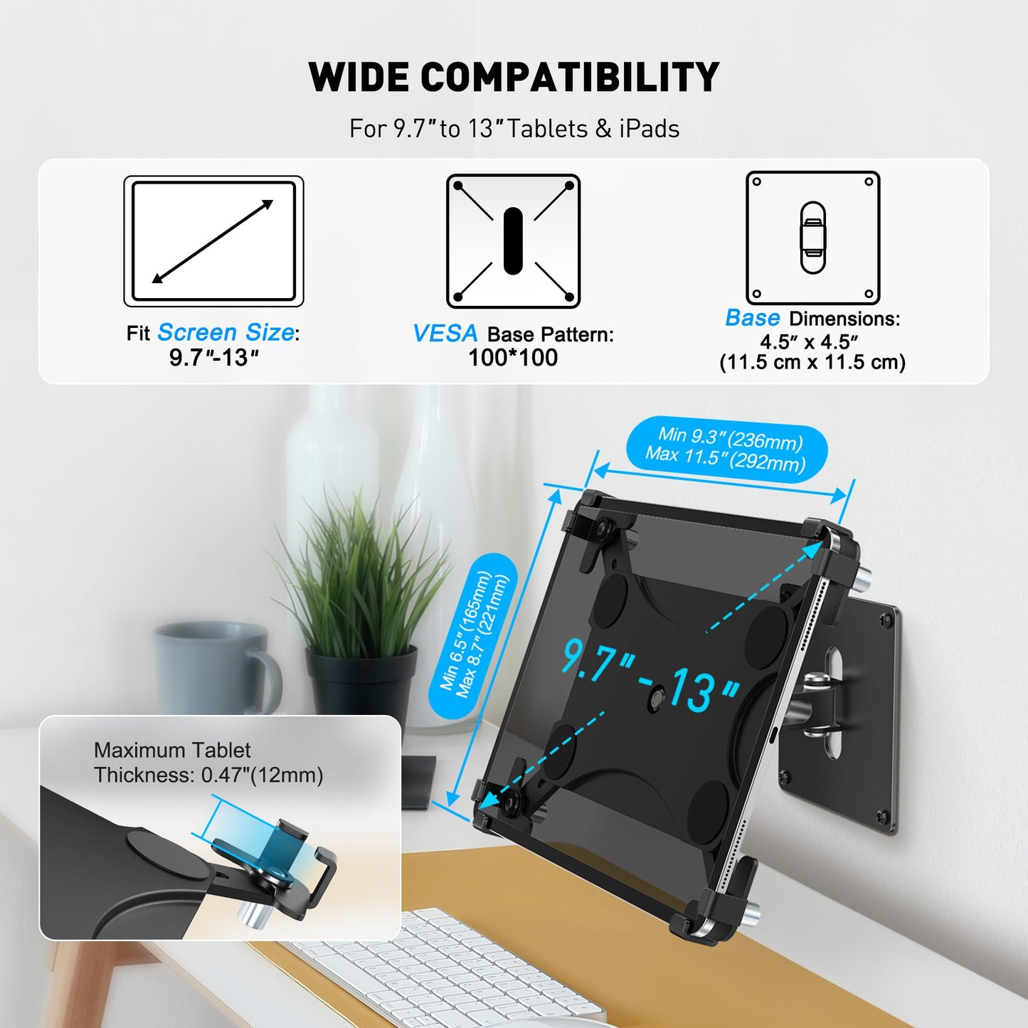 AboveTEK Universal Tablet Wall Mount, Anti-Theft iPad Mount with Locking Enclosure for 9.7"-13" Screen, Heavy-Duty Aluminum Kiosk for Business POS Display, Adjustable 360° Swivel & Tilt VESA Mount