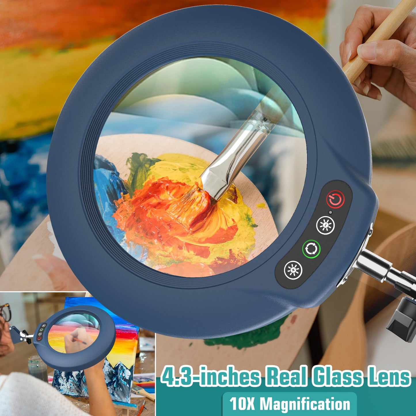 10X Magnifying Glass with Light and Stand, 3-in-1 Adjustable Swivel Arm LED Magnifying Floor Lamp, 5 Color Modes Brightness Stepless Dimming Lighted Magnifier Hands Free with Clamp for Crafts - Blue