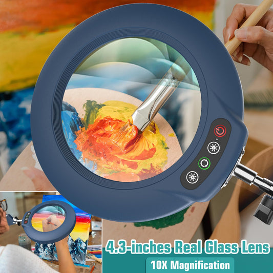 10X Magnifying Glass with Light and Stand, 3-in-1 Adjustable Swivel Arm LED Magnifying Floor Lamp, 5 Color Modes Brightness Stepless Dimming Lighted Magnifier Hands Free with Clamp for Crafts - Blue