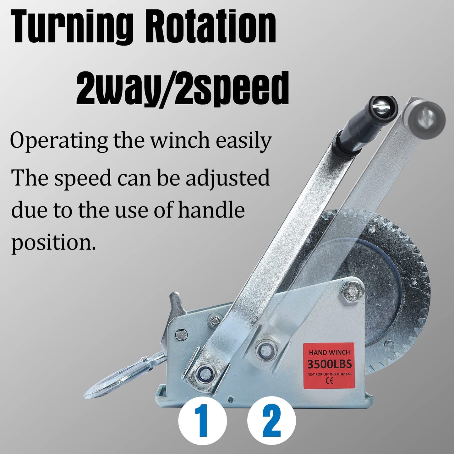 Hand Winch Heavy Duty 3500lbs with Steel Cable and Ratchet Handle Hook 2 Gear Manual Crank Towing Winch for ATV Boat Trailer Truck Auto Silver (3500)