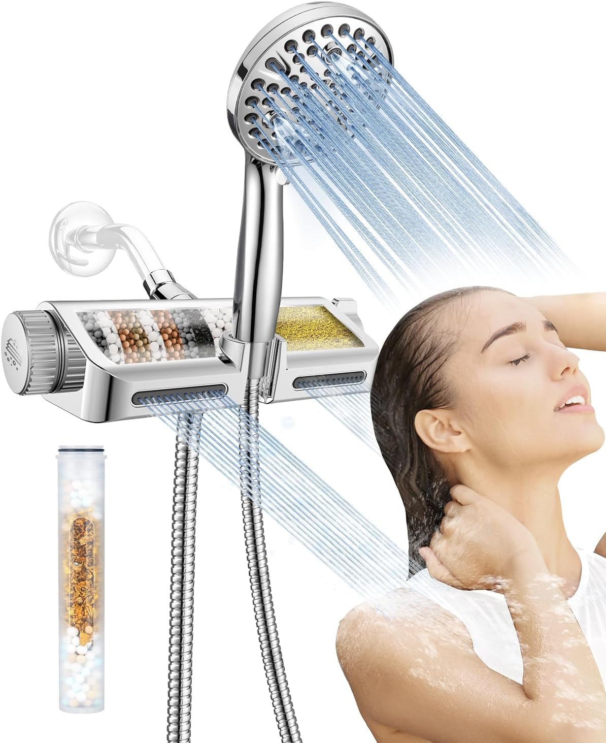 Filtered Shower Head with Handheld Combo - Dual 2-in-1 Spa System with Massage Shower Head and 10 Modes Hand Held Shower Head, High Pressure Shower Heads, Built in Power Wash Mode (Chrome)