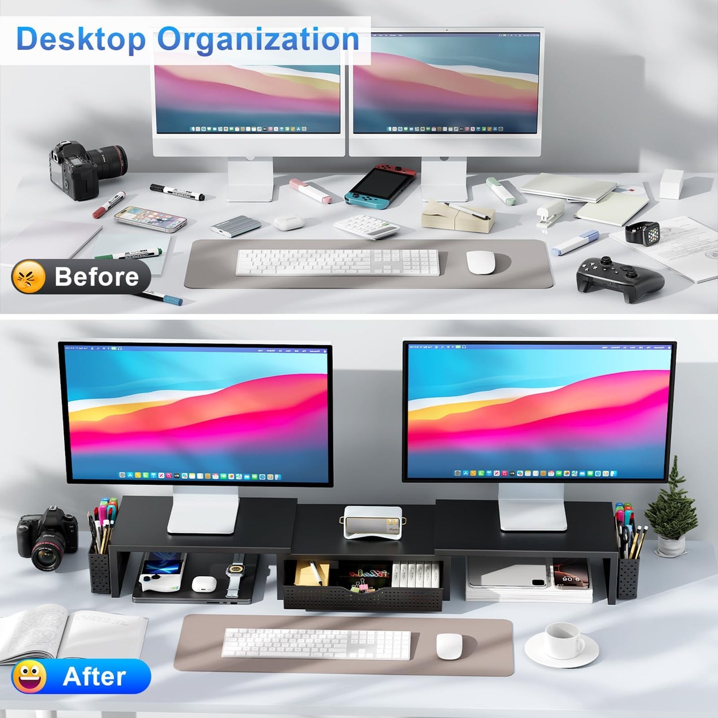 Oillase Dual Monitor Stand Riser, Desk Organizer With Drawer and 2 Pen Holders, Computer Monitor Stand, Shelf for Top of Desk, Black