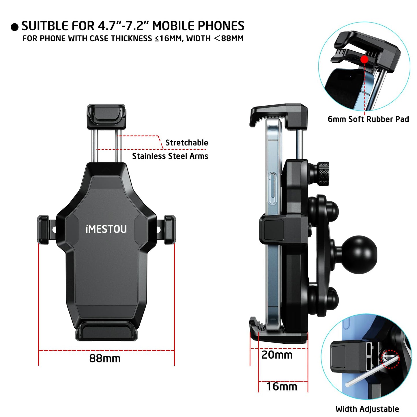 iMESTOU Motorcycle Fork Stem Phone Mount, Anti-Vibration 1" Ball Phone Holder with Anti-Theft Double Socket Arm & Fork Base Suitable for BMW, Yamaha...Motorcycles, Fits for 4.7"-7.2" Cellphones