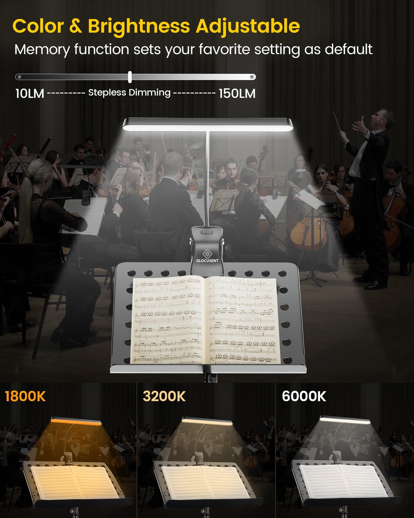 Glocusent 57-LED Super Bright Music Stand Light – Eye Caring Clip On Piano Lamp with 3 Color Modes & 5 Brightness Levels, USB-C Rechargeable, Up to 140 Hrs, Ideal for Sheet Music, Piano, Guitar