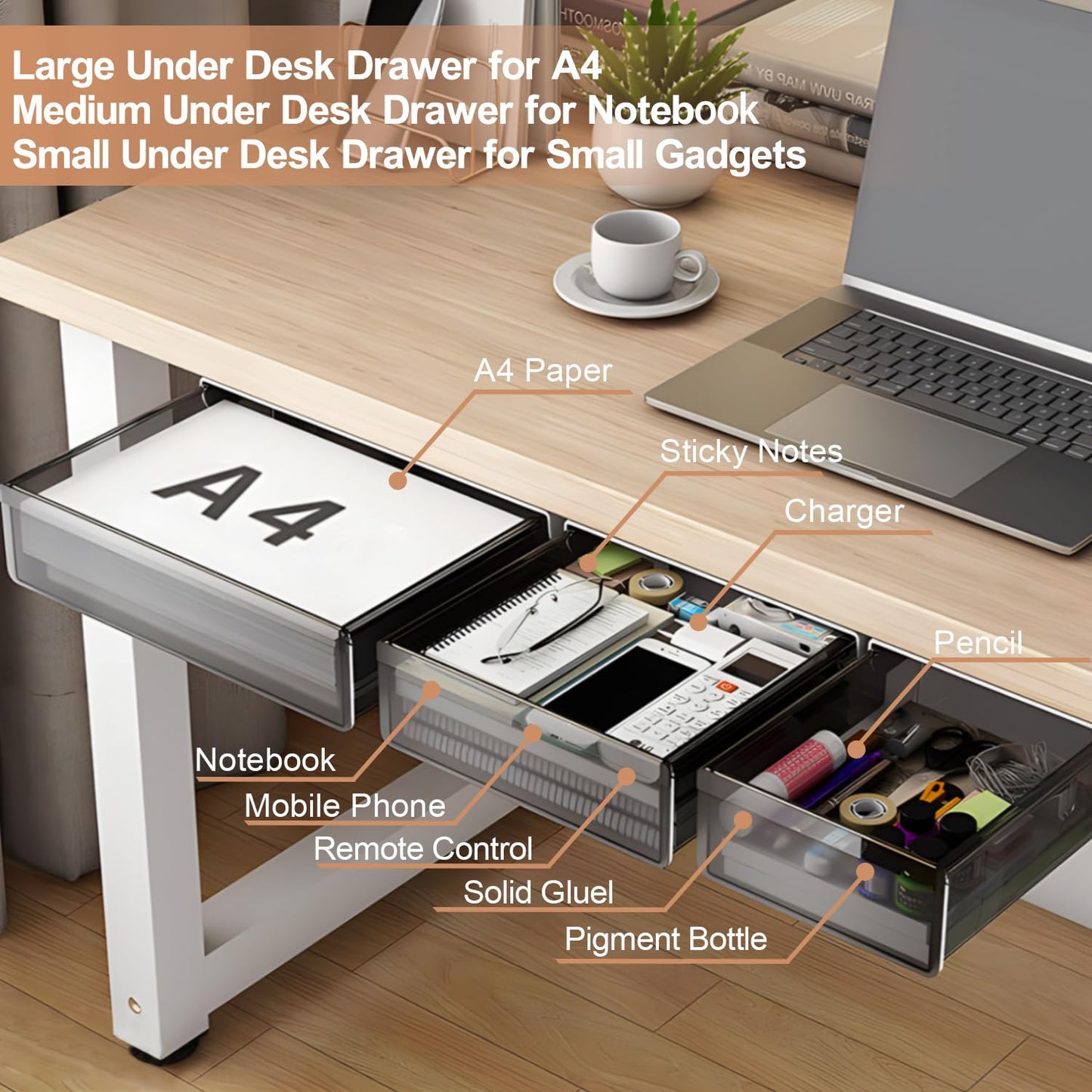 SVNNELP Under Desk Table Drawer Storage Organizer,3 Pack Large & Medium & Small Slide Out Desk Drawers - Hidden Desktop Organizer,Attachable Pencil Storage Tray Under Table(Clear Black), S+M+L