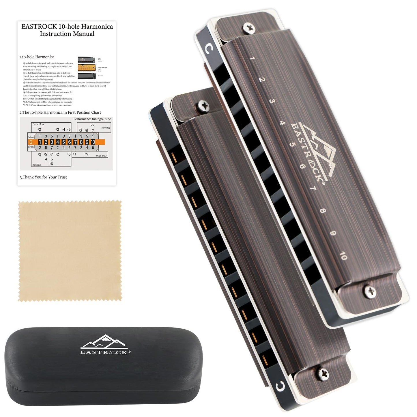 EastRock Harmonica, Blues Harmonica Mouth Organ 10 Hole C Key with Case, Diatonic Harmonica for Professional Player, Beginner, Students, Adult, Friends, Gifts（Brushed Metal）