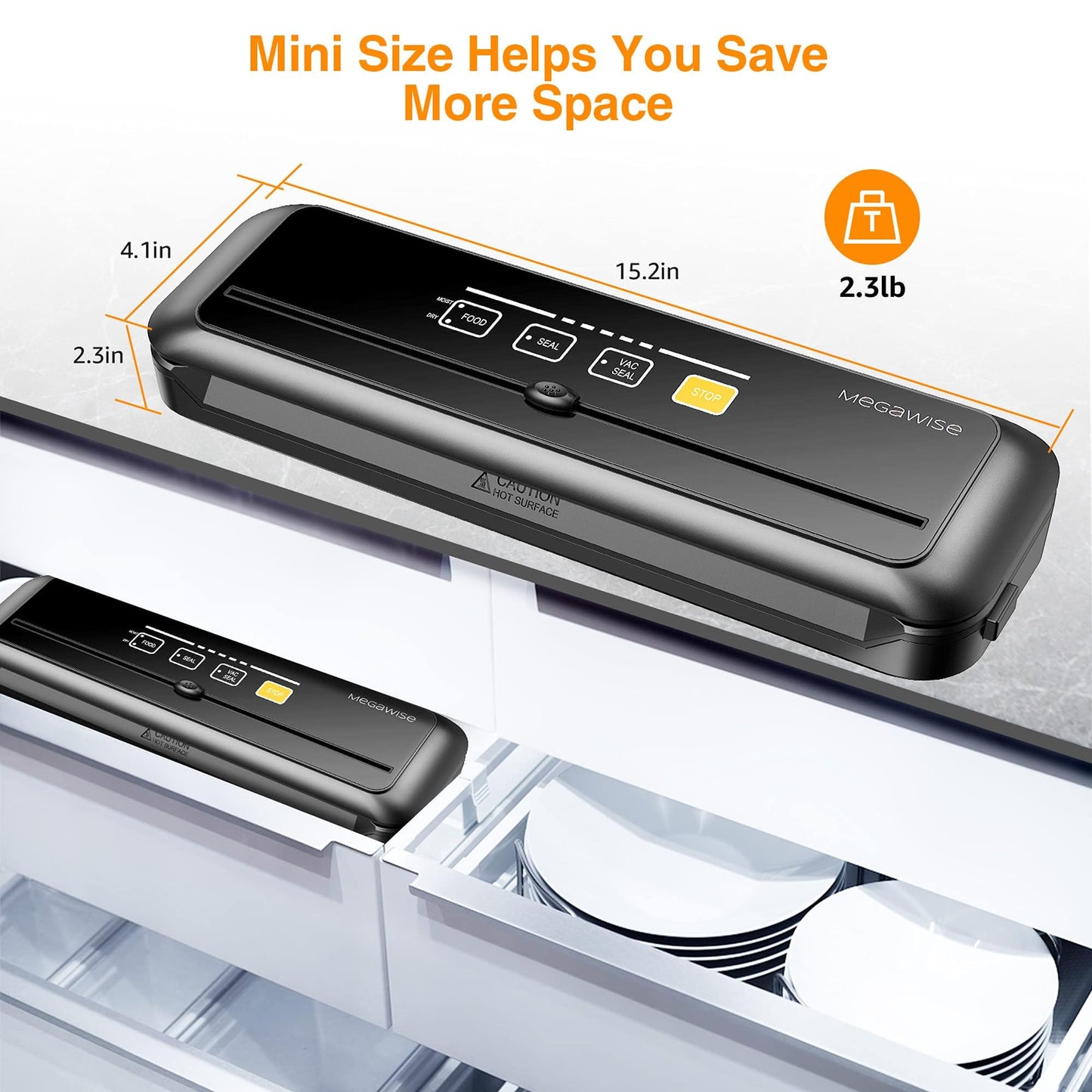 MEGAWISE Vacuum Sealer Machine, 80kPa Food Sealer with Dry & Moist Modes, Built-in Cutter, 10 Vacuum Bags and Accessory Hose, Compact One-Touch Sealing System for Meal Prep and Sous Vide