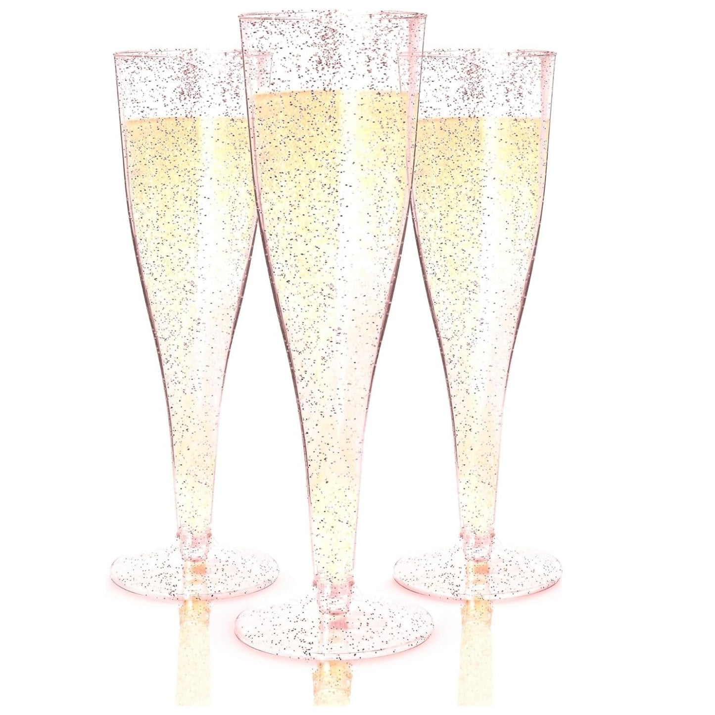 Prestee 24 Piece Plastic Champagne Flutes - 4.5 oz Plastic Wine Glasses with Rose Gold Glitter - Cocktail Glasses for Parties - Party Supplies for Mimosa Bar, Wedding, Shower Party and New Years Eve