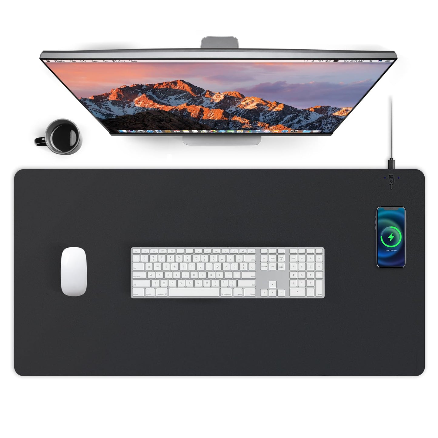 Wireless Charging Desk Mat and Leather Mouse Pad Combo - Organize Your Workspace with This Multi-Functional Desk Pad Mat, Offering Wireless Charging and a Sleek Mouse Pad Surface (Black-R,32"*16")