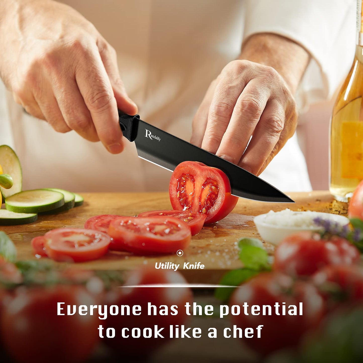 Randalfy Kitchen Knife Set with Block, 7 Pieces Chef Knife Set with Knives, Scissor, Block for Meat/Vegetables/Fruits Chopping, Slicing, Dicing&Cutting, Black