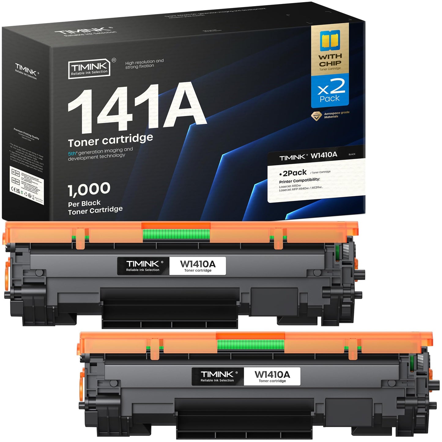 Timink 141A Toner Cartridge Compatible with HP 141A W1410A 141X W1410X Black Toner Cartridge with Chip, Work for LaserJet Pro M110w MFP M139w M140w Printers (2 Pack, Black)