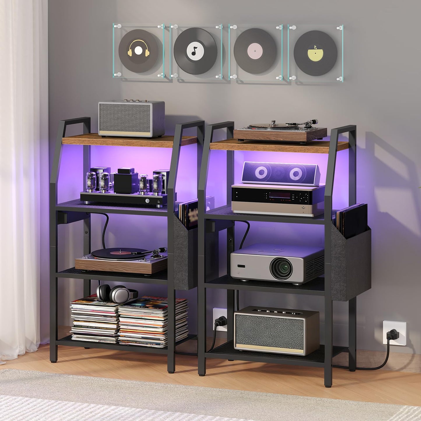 MAHANCRIS 4 Tier AV Media Stand with Power Outlet, LED Stereo Racks with Storage Bag, for Living Room & Studio, Record Player Stand, Speaker, Rustic Brown MSHR01E01