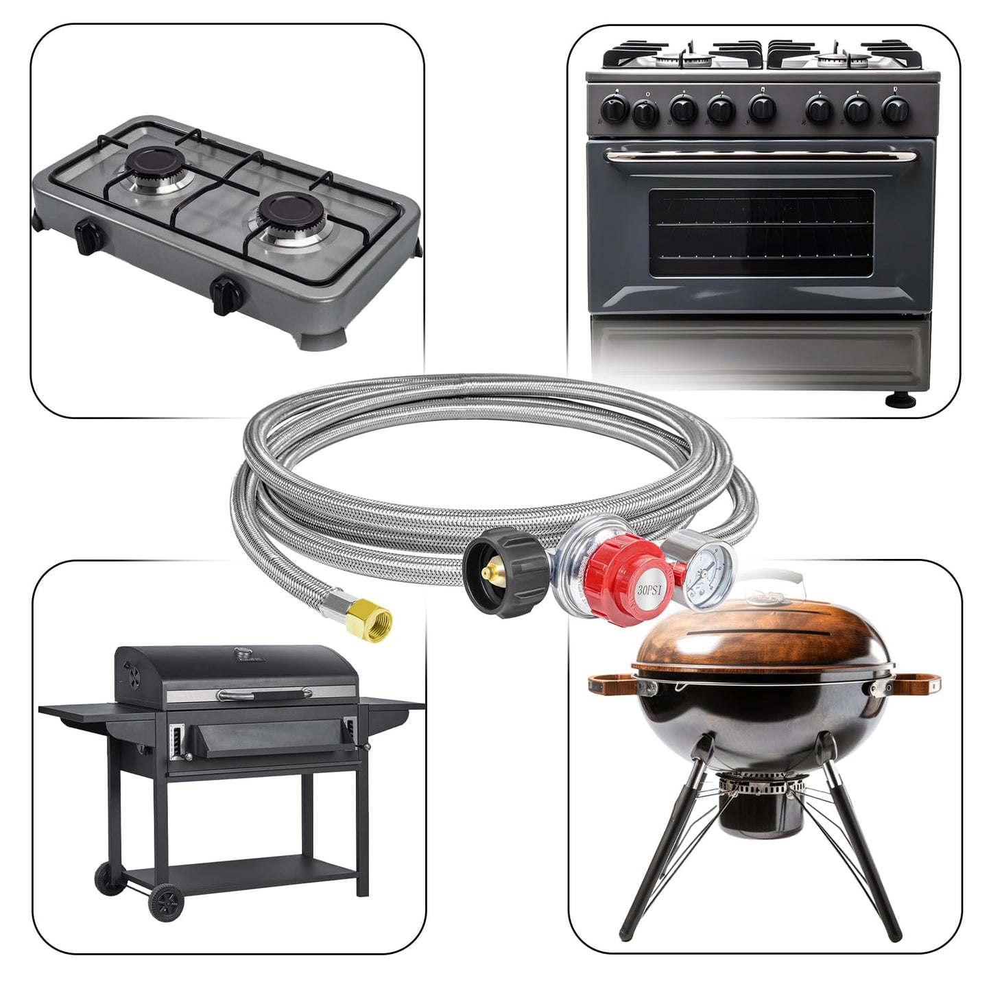 12FT 0-30PSI High Pressure Adjustable Propane Regulator with 0-60PSI Gauge Gas Flow Indicator, Stainless Steel Braided Hose and Gas Grill Regulator, QCC1x3/8 Female Flare Fitting for Gas Tank Cooker