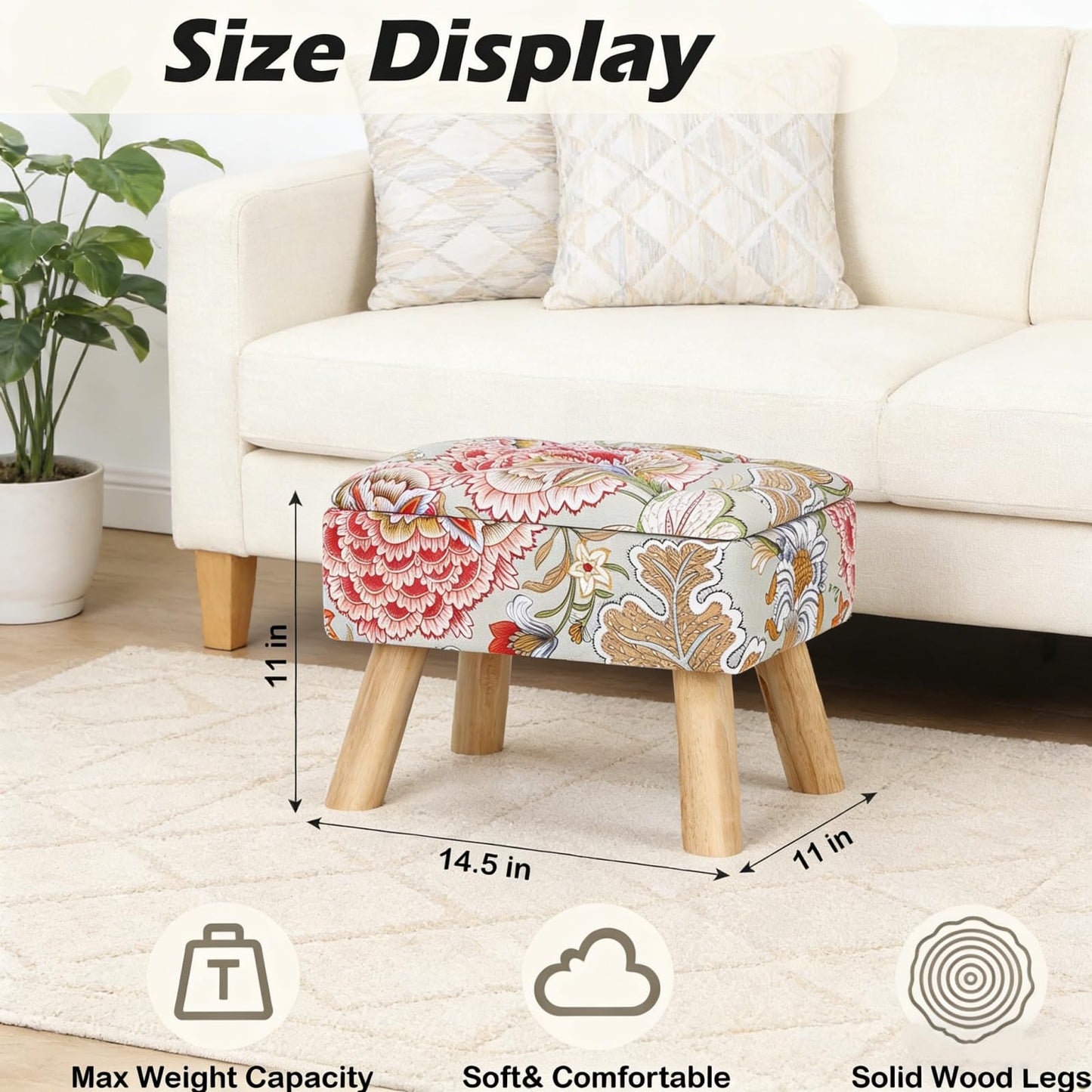 Square Ottoman with Storage Versatile Foot Stool Ottoman Boho Foot Rest with Wood Legs Small Footstools and Ottomans for Living Room and Entryway