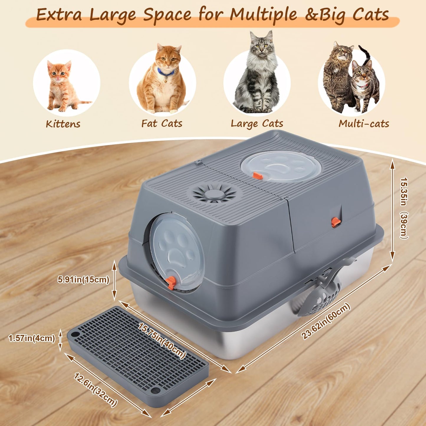 Ownpets Stainless Steel Cat Litter Box –180°Flip Lid for Easy Cleaning, One-Click Personalized Design, Advanced Odor Control, XL Capacity, 16'' High
