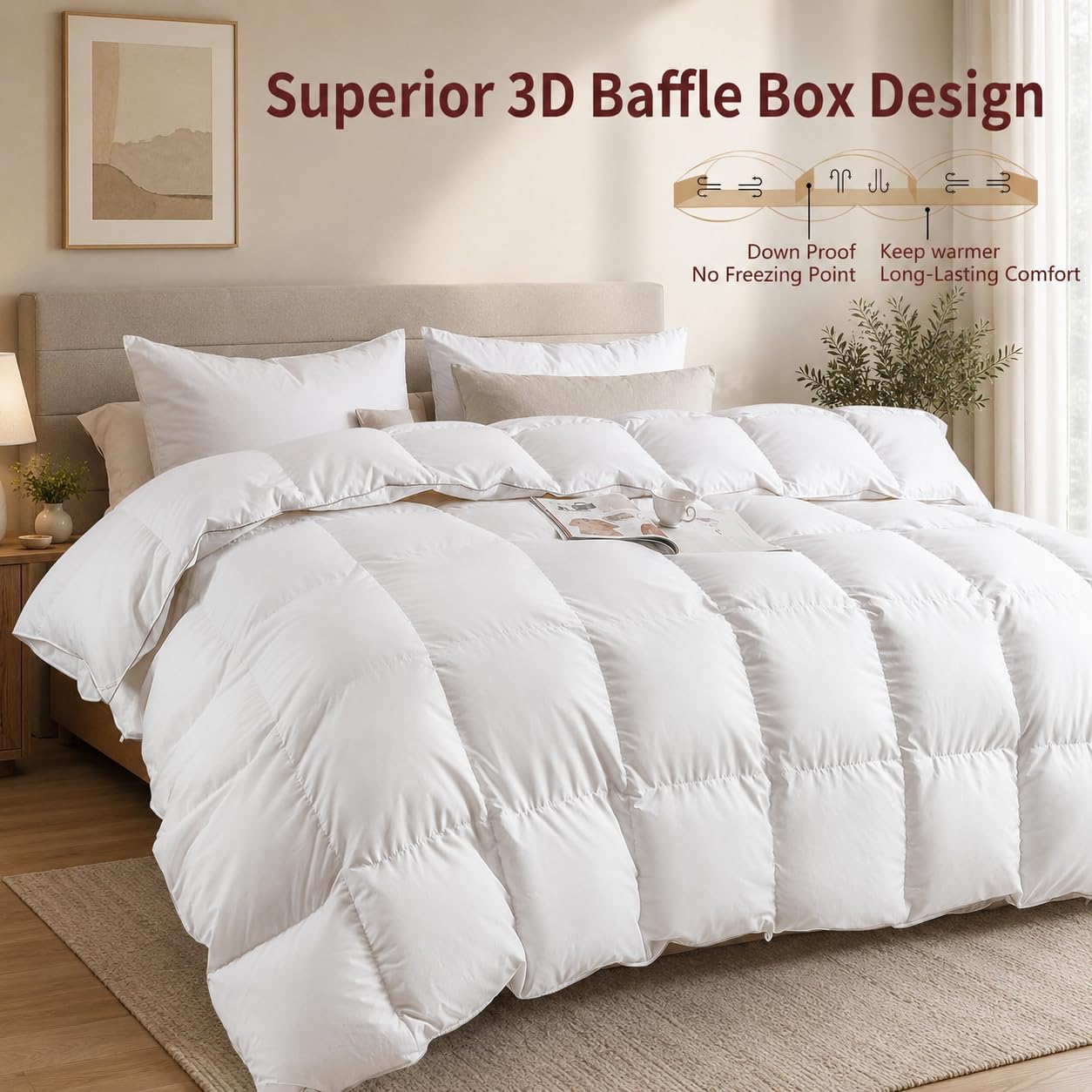 SWITTE Luxury Goose Feather Down Comforter Double Size Duvet Insert,All Season Down Duvet Full Size,Ultra-Soft Down Proof 100% Organic Cotton with 8 Corner Tabs,Baffle Box Design,Oeko TEX Certified