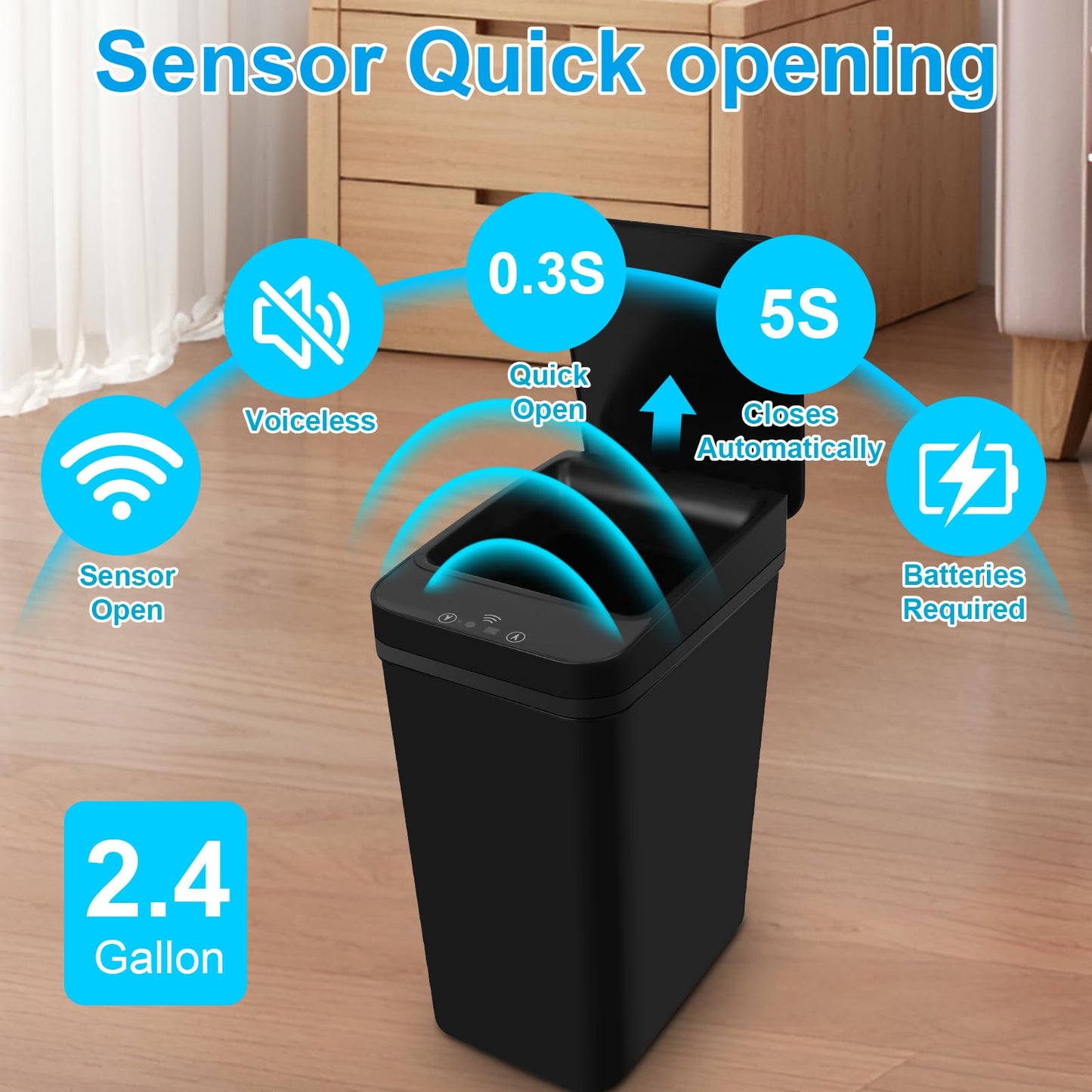 QSFWCSM 2 Pack Bathroom Trash can,Smart Touchless Trash Can,Automatic Motion Sensor Trash Bin with Lid,2.4 Gallon Garbage Can, Kitchen, Bathroom, Office, Bedroom Trash can (Black+Black)