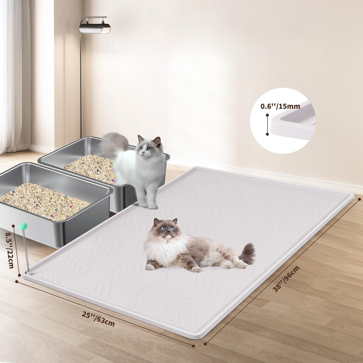 Bartuke Large Cat Litter Mat with Toy Ball, 38'' x 25'' Silicone Cat Litter Trapping Mat for Scatter Control, Soft on Kitty Paws, Easy to Clean (White)