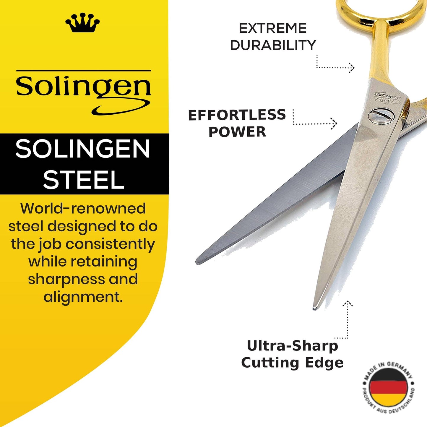 Camila Solingen CS07 5" Professional Sharp Barber Shears. Hypoallergenic Gold Plated Hair Cutting Scissors. For Men, Women and Kids Grooming. Made of Durable Stainless Steel in Solingen, Germany