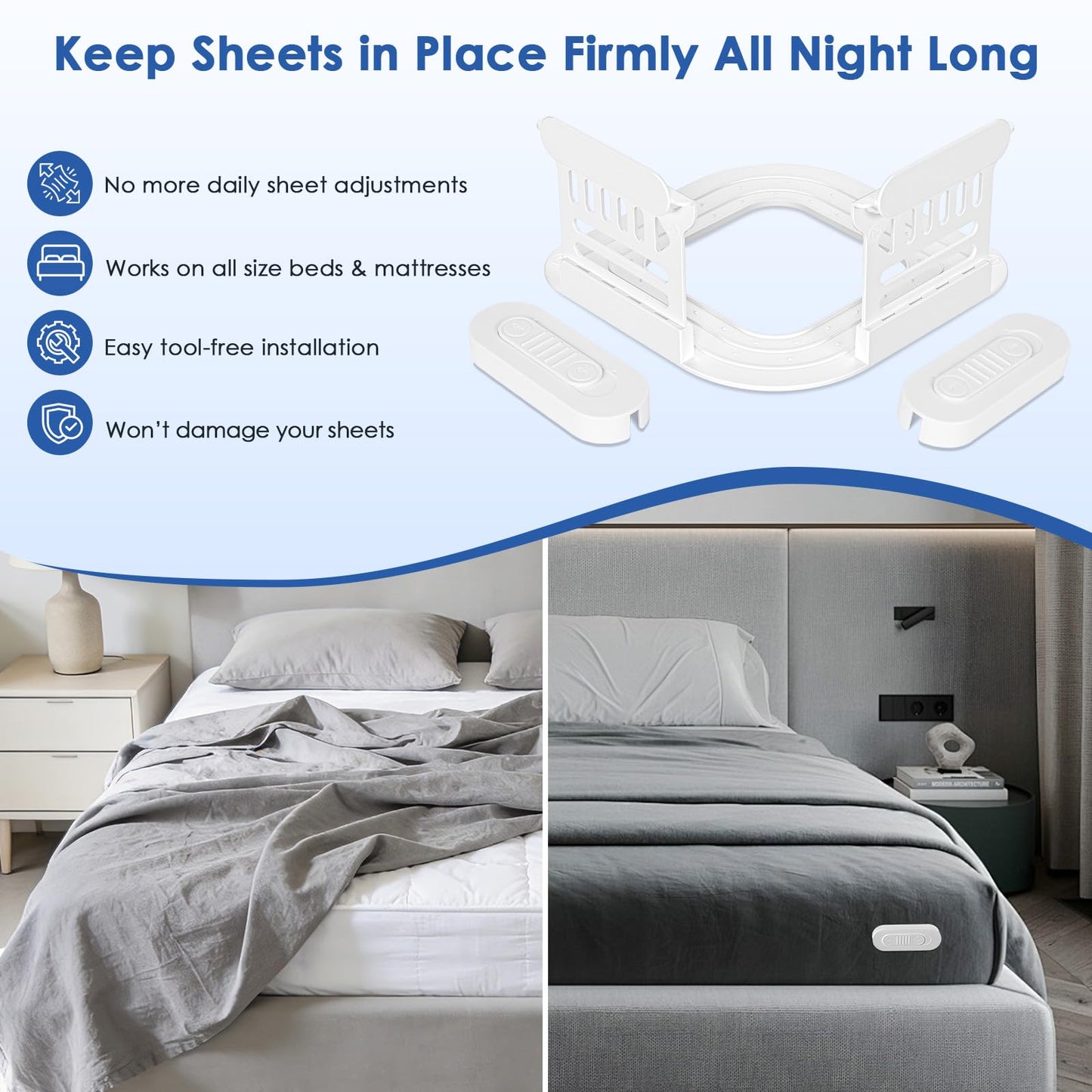 AMOVO Bed Sheet Holders for Corners Fitted Sheet Grippers Heavy Duty Bedsheet Holders, Keep Sheets on Bed Tight & Firmly, Secure Locks for Mattress Flat Sheet, Gentle on All Fabrics (Off-White)