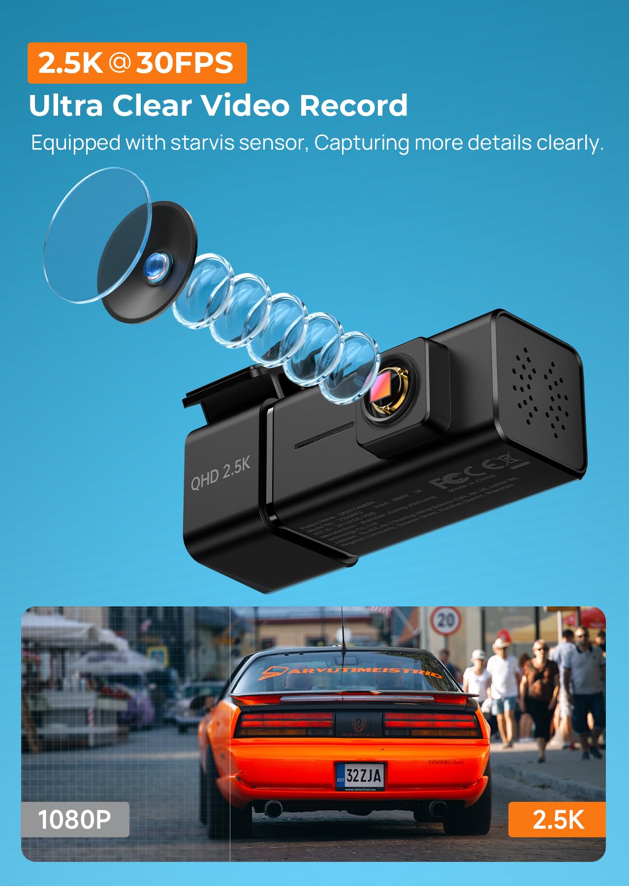 Dash Cam Front 1440P Dashcam with 32G SD Card, Dash Camera for Cars, Mini Dashcams with App,WiFi, Night Vision, G-Sensor, Loop Recording, 24H Parking Mode, Support 256GB Max