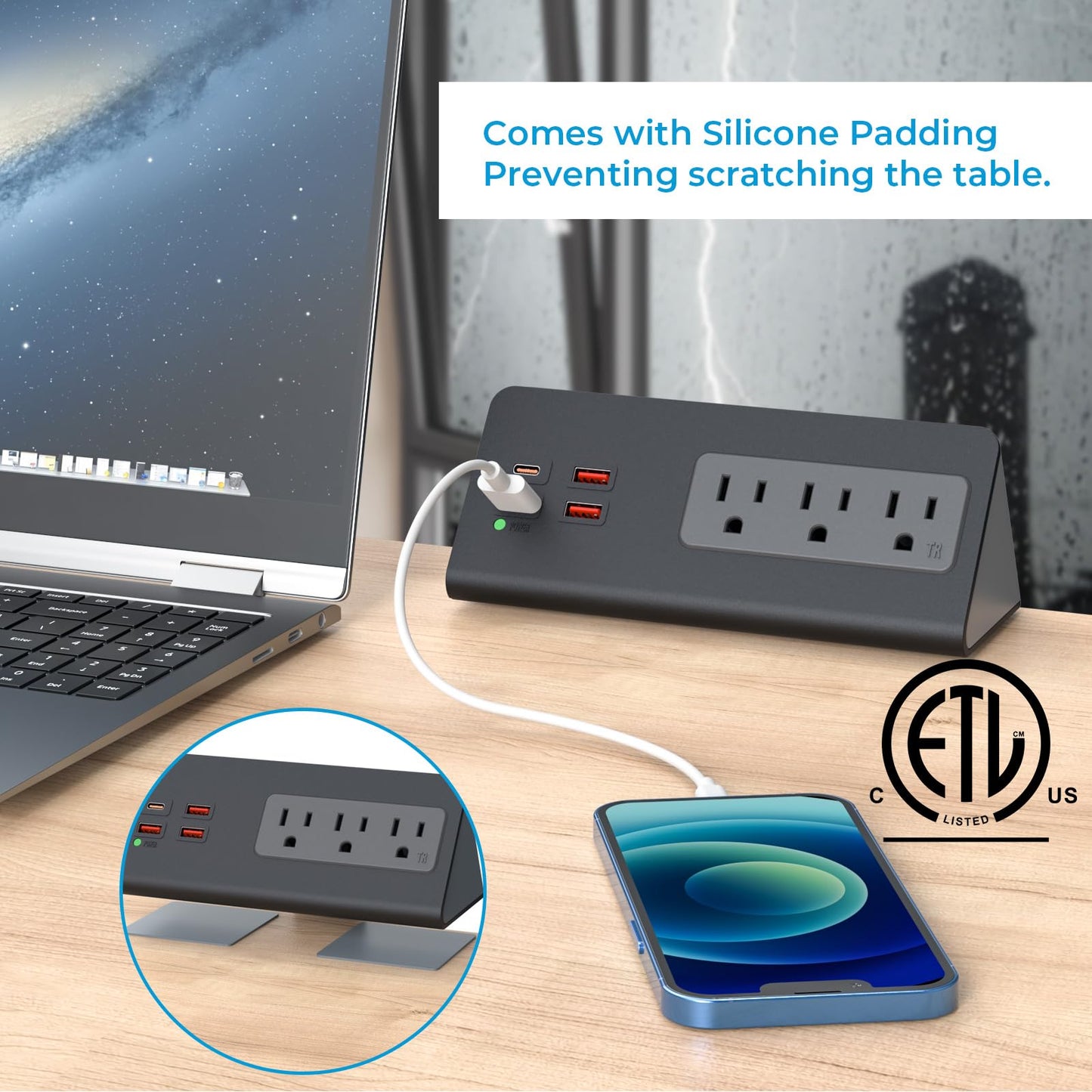 Desk Power Bar with PD 20W USB C, Haiaoyyds Nightstand Charging Station with 3 Outlets, 4 USB Ports, Desk Surge Protector Connect 6.56FT Flat Plug, Desktop Power Supply for Office, Home (Black)