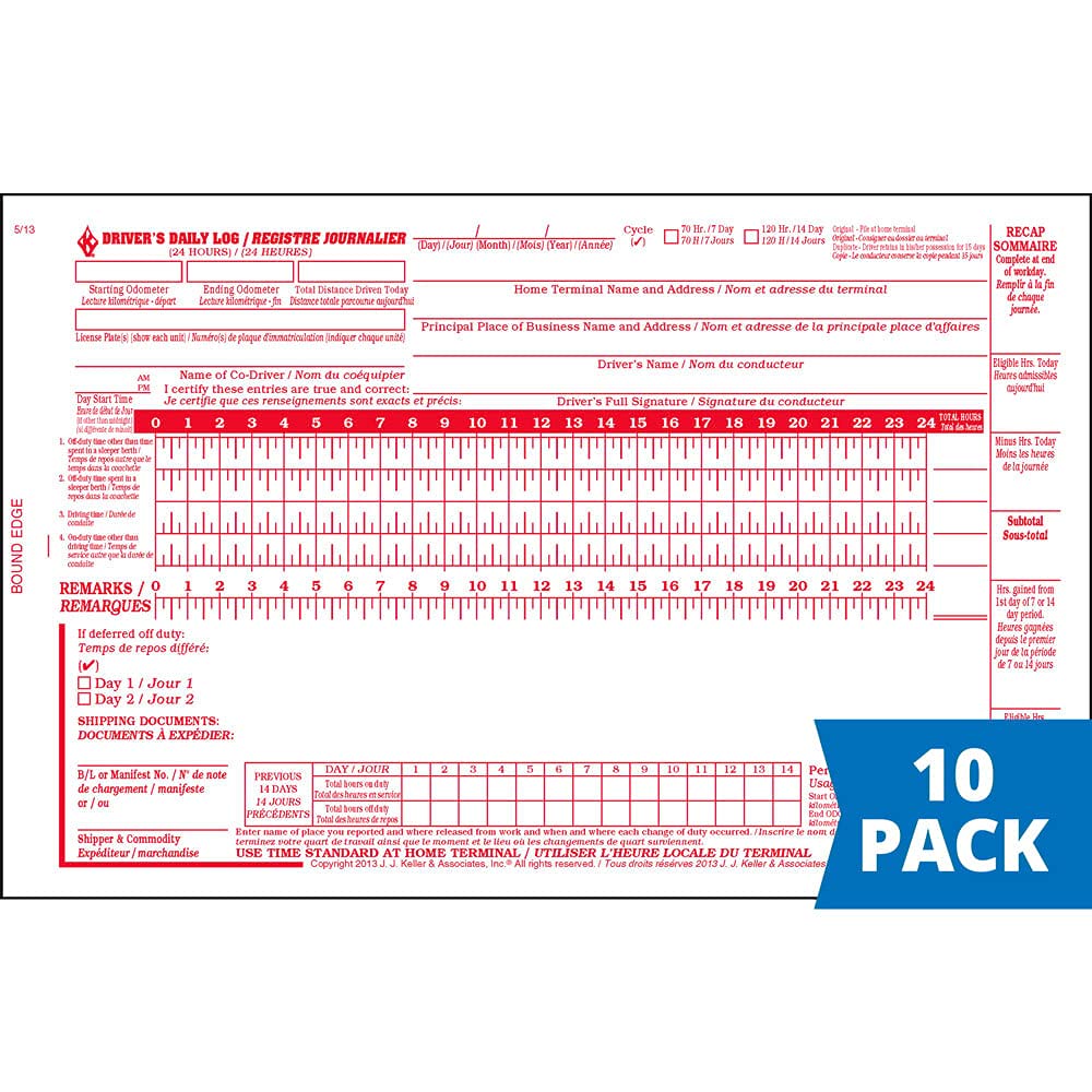 Canadian Bilingual Driver's Daily Log Book 10-pk. with Detailed Driver Vehicle Inspection Report & Daily Recap - Book Format, 2-Ply with Carbon, 8.5" x 5.5" - 31 Sets of Forms Per Book - J. J. Keller