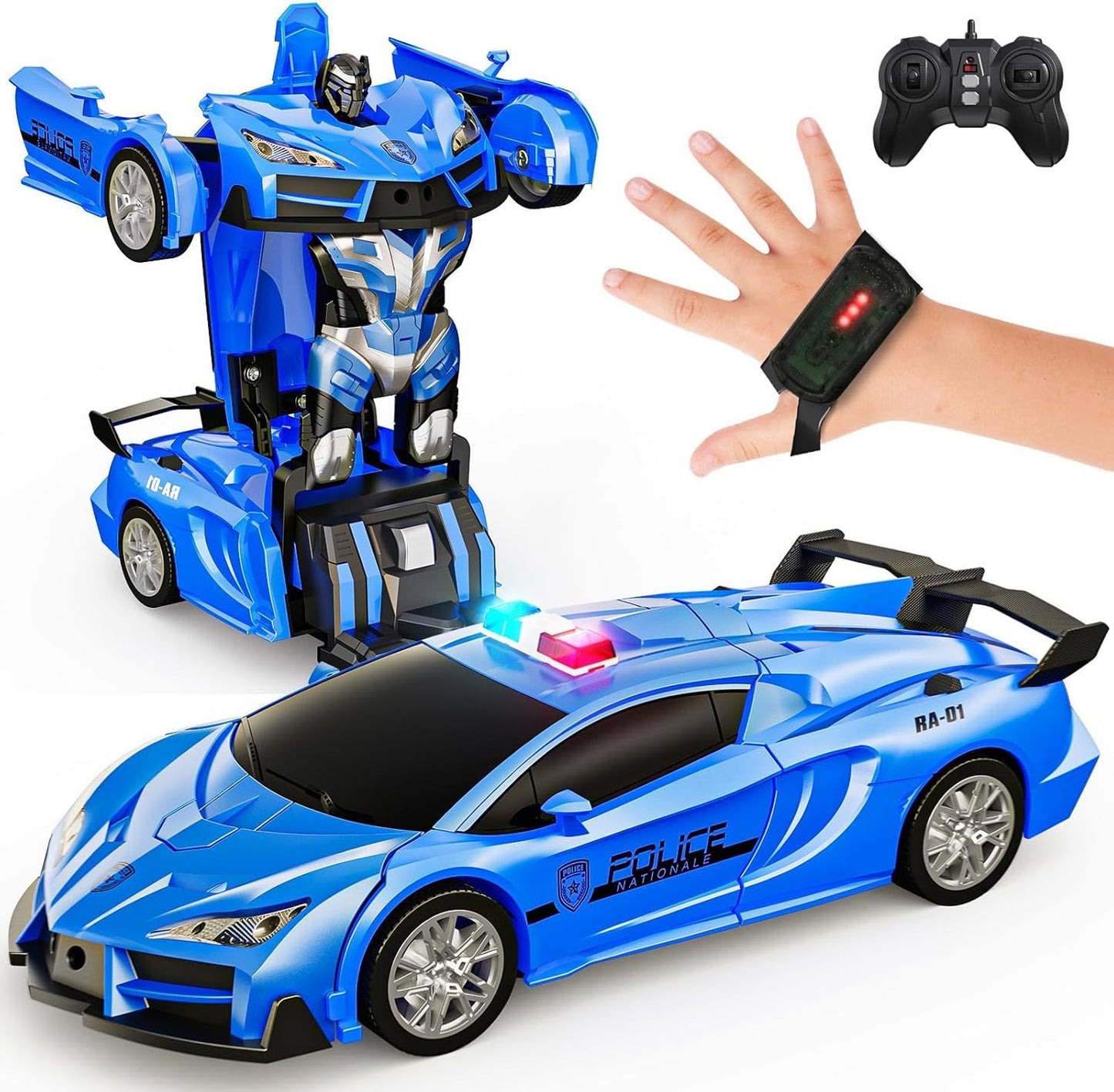 Tecnock Remote Control Car - Gesture Sensing, Transform Robot RC Cars for Kids, 2.4GHz One Button Transformation Robot Toy with LED Lights, Police Car Toy Gift for Age 8-12 Boys/Girls