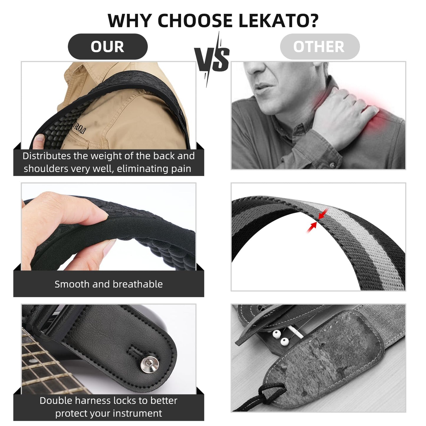 LEKATO Guitar Strap for Electric Guitar Bass, 3.5" Wide Anaglyph Embossed Retro Neoprene Padded Straps with 3D Sponge Filling Adjustable Length from 45" to 55" with Strap Locks and Picks, Black