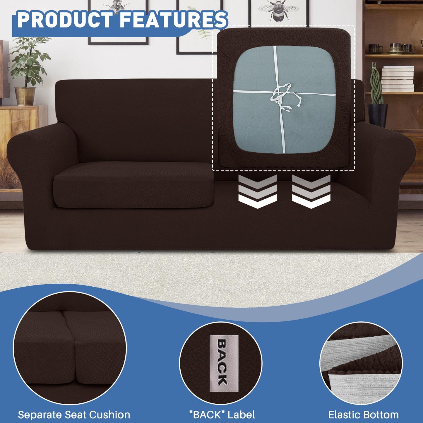 JIVINER 3 Pieces Couch Covers for 2 Cushion Couch Stretch Sofa Slipcover with 2 Extra Large Seat Cushion Covers Thick Fitted Loveseat Sofa Covers for Living Room (XL Loveseat, Dark Coffee)