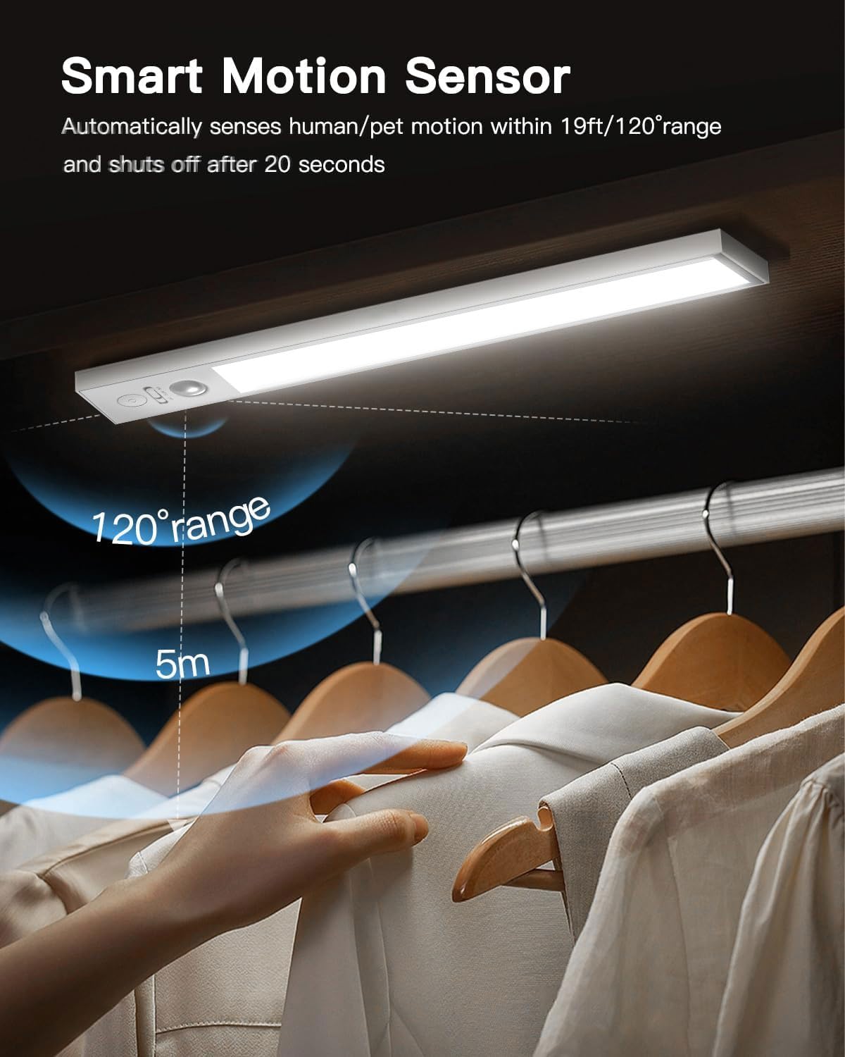 FULEN Under Cabinet Lights,3 Pack Motion Sensor Closet Lights,2500mAh Rechargeable Battery Operated Cabinet Lighting,Stick-On LED Closet Light,Wireless Indoor Lights Bar for Kitchen,Closets,Cabinet