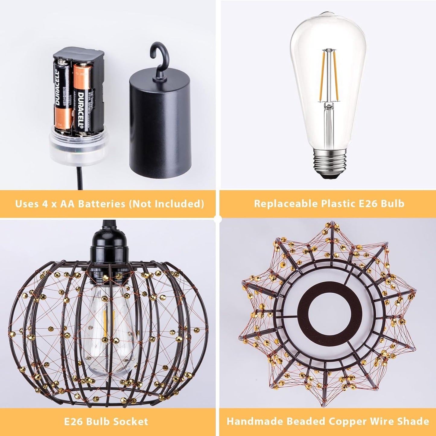 All Fortune Battery Operated Hanging Outdoor Chandelier, Battery Operated Gazebo Pendant Light Outdoor Waterproof, No Wiring, Powered by 4 AA Batteries, for Gazebo, Porch, Pergola, Decor Lighting (2)