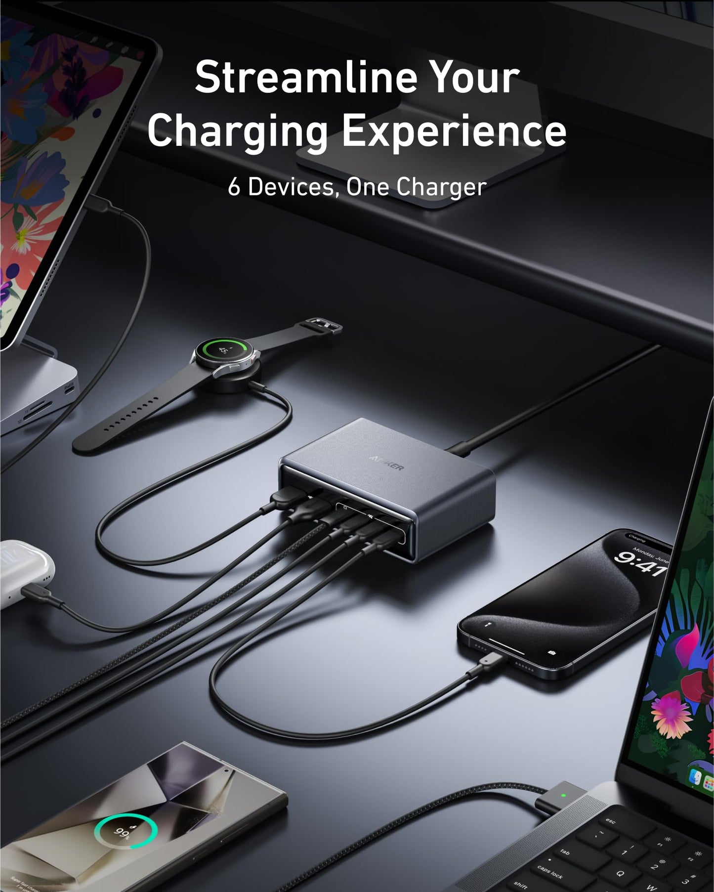 Anker Prime Charger, 200W 6-Port GaN Charging Station, USB-C PD Fast Charging Desktop Charger, Compatible with iPhone 17/Series, Samsung, MacBook, Dell and More