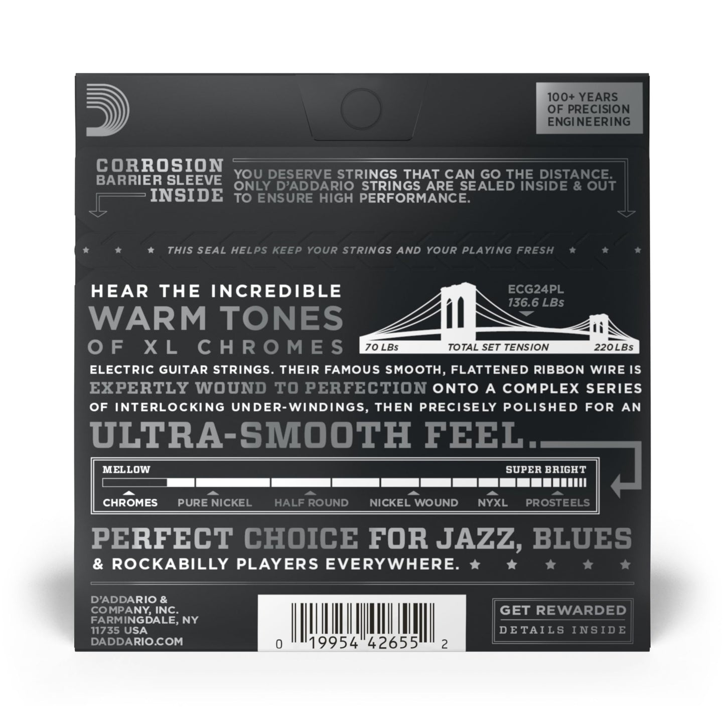 D'Addario Guitar Strings - XL Chromes Electric Guitar Strings - Flat Wound - Polished for Ultra-Smooth Feel and Warm, Mellow Tone - ECG23-PL - Extra Light, Plain Third, 10-48, 1-Pack