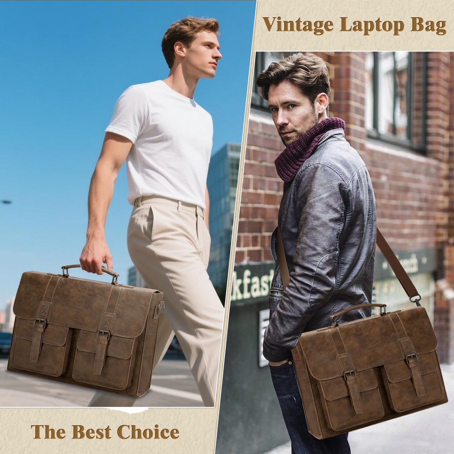 Vintage Messenger Bag Men 15.6 Inch Waterproof Laptop Bag Leather Briefcase for Men Computer Bag for Office Satchel