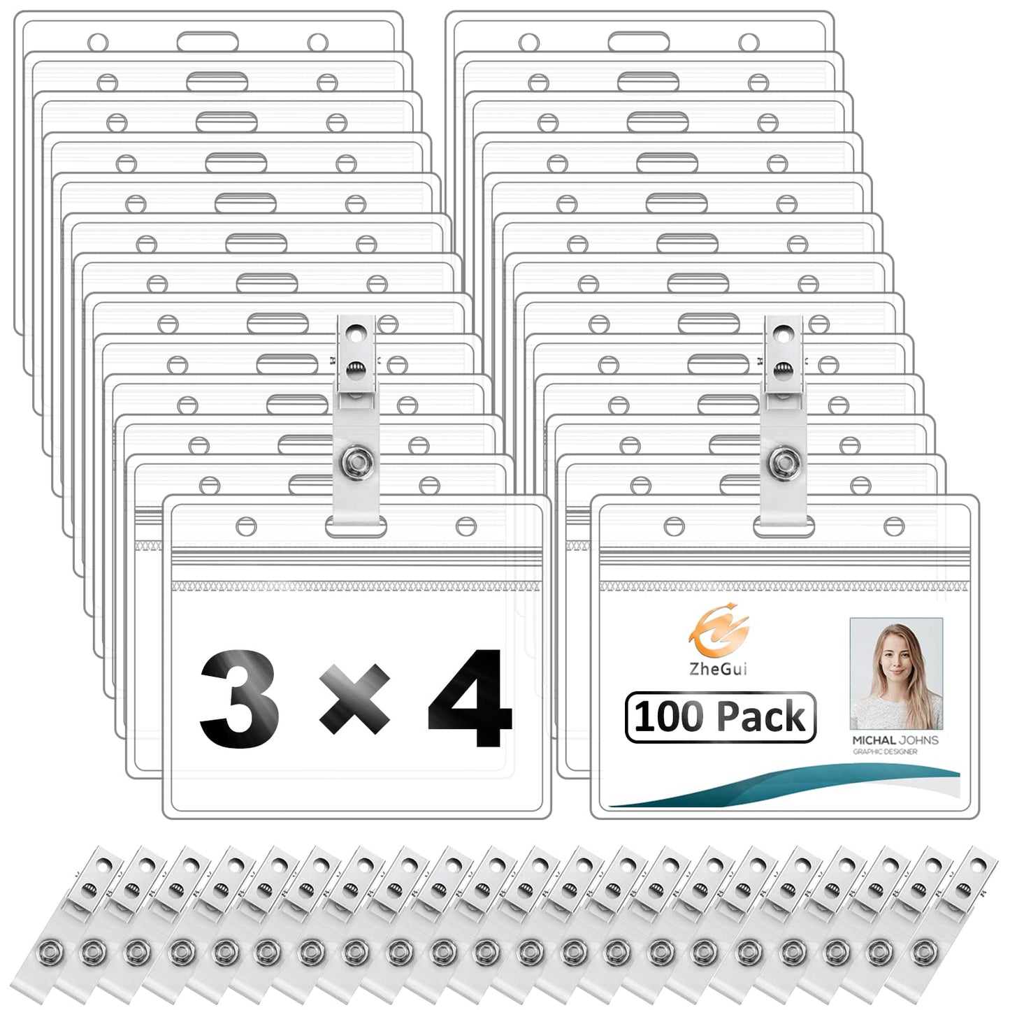Clear Plastic Horizontal Badge Holders and Metal Badge Clips with Vinyl Straps Waterproof Name Tag PVC ID Card Holder by ZHEGUI (100 Pack, Horizontal Large 3x4)