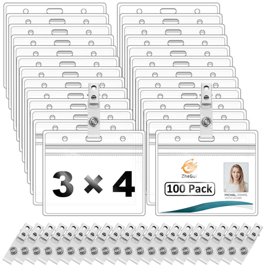 Clear Plastic Horizontal Badge Holders and Metal Badge Clips with Vinyl Straps Waterproof Name Tag PVC ID Card Holder by ZHEGUI (100 Pack, Horizontal Large 3x4)
