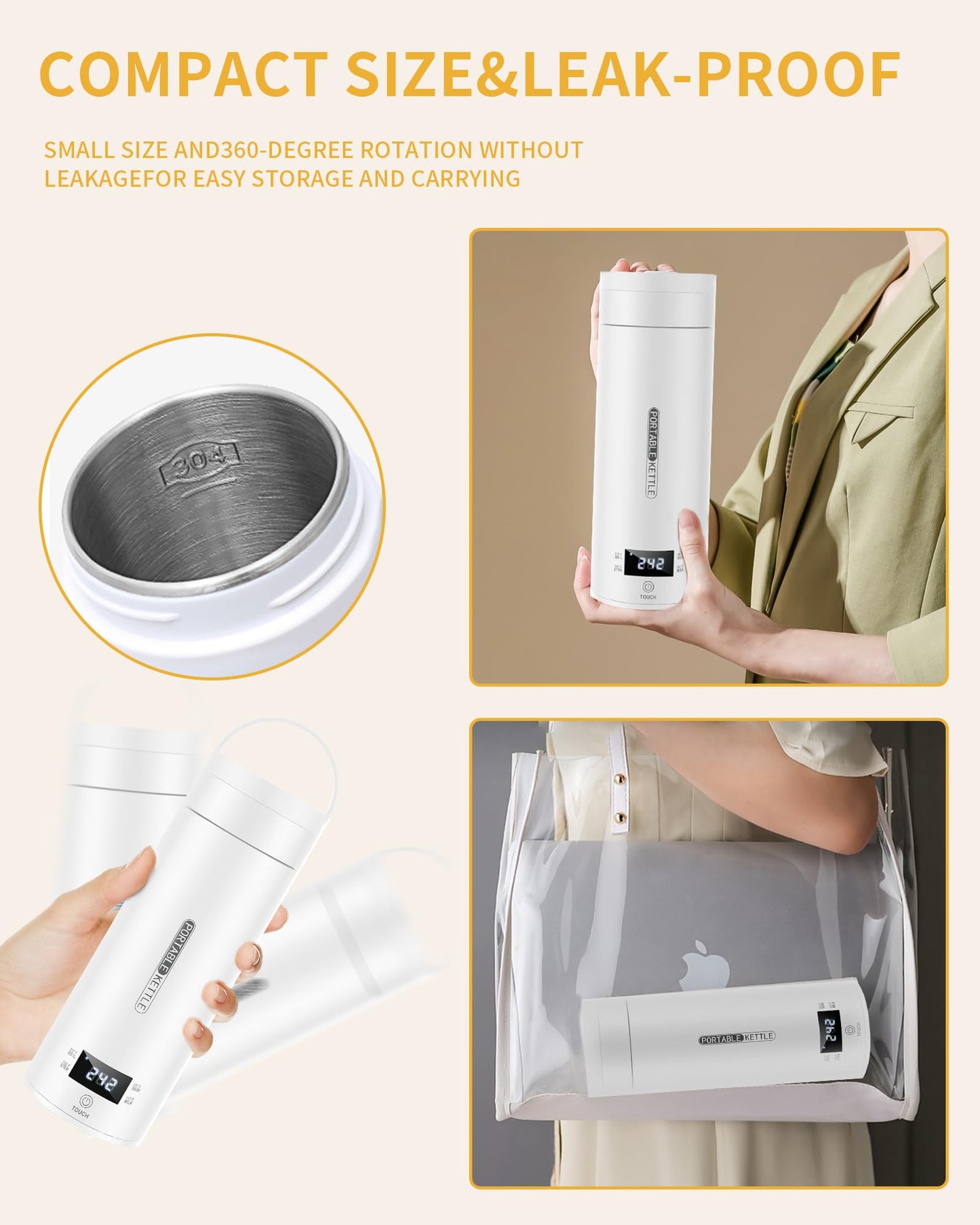 VICBINLY Travel Electric Tea Kettle, 450ml Portable Kettle, Mini Tea Kettle, One Cup Hot Water Boiler Mini Kettle Automatic Shut Off, Temperature Control, White TKB03